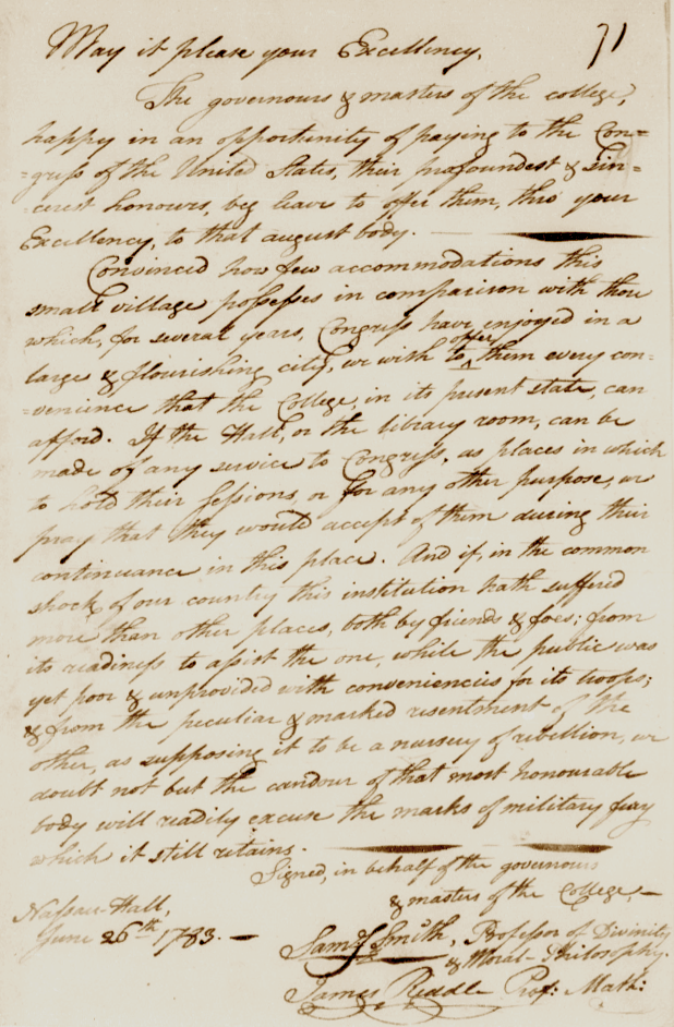 Image of "Letter from the governors and masters of the College of New Jersey to the President of Congress, June 26, 1783"