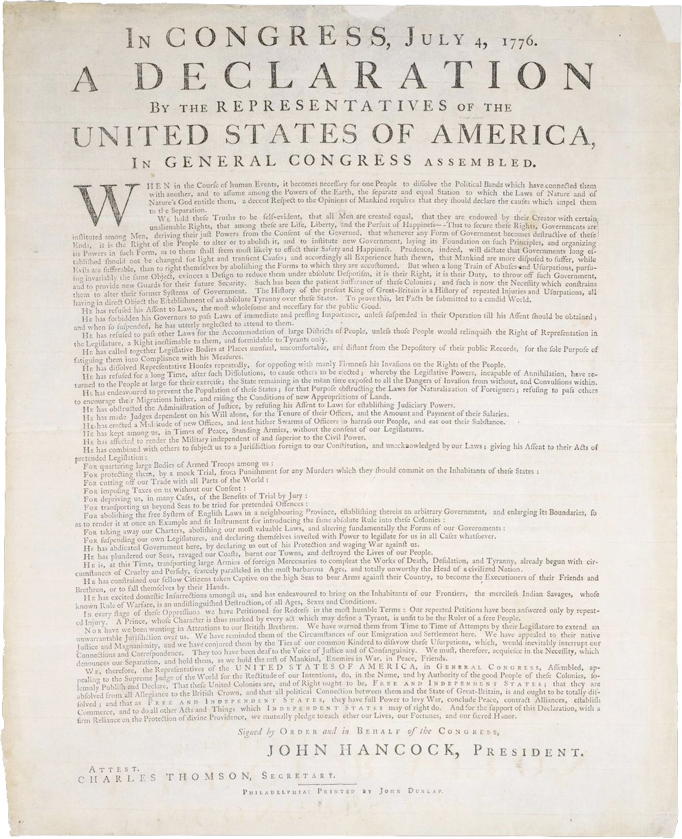 Image of a "Dunlap Broadside" original of the Declaration of Independence.