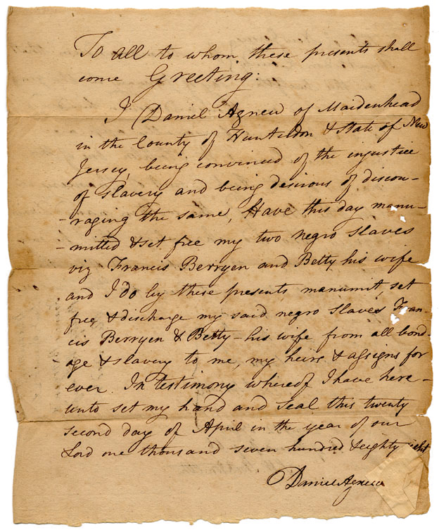 Image of "Manumission papers for Francis and Betty Berryen, April 22, 1788"