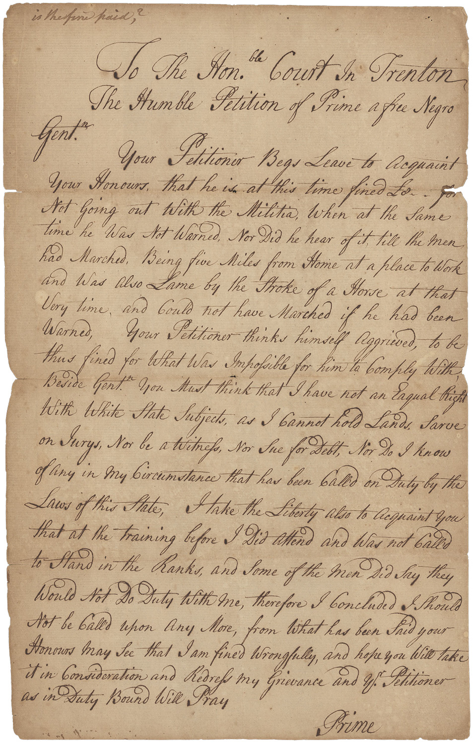 Image of "Petition of Prime a free Negro Gentleman” to the “Honourable Court in Trenton,” circa 1780s"