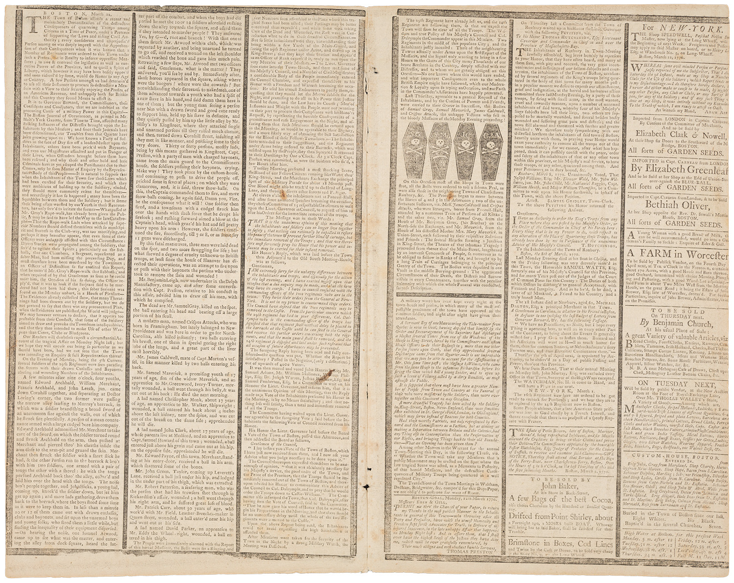 Image of two pages from the printed issue of "The Boston-Gazette, and Country Journal, March 12, 1770"