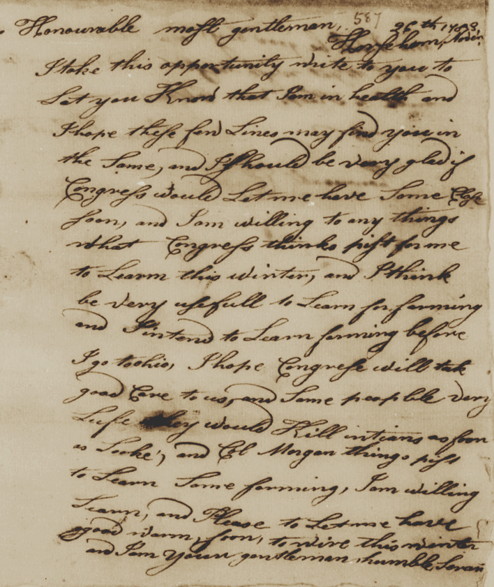 Image of "Letter from Thomas Killbuck (circa 1760-?) to Congress, November 26, 1783"