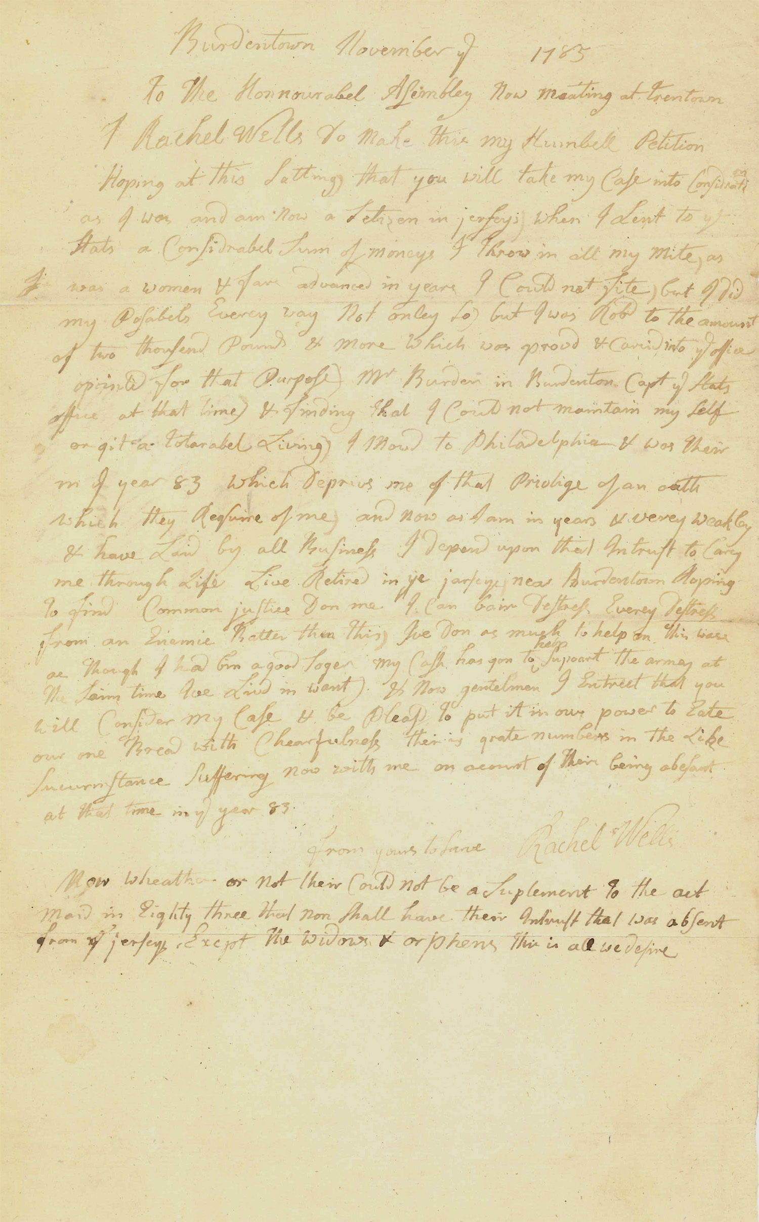 Image of "Petition from Rachel Wells (1735-1796) to the New Jersey General Assembly, November 15, 1785"