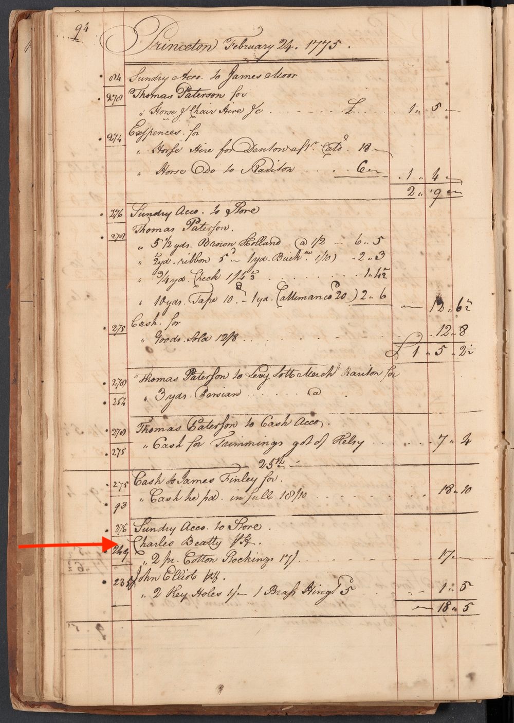 A page of a handwritten account book with a red arrow pointed to entry 