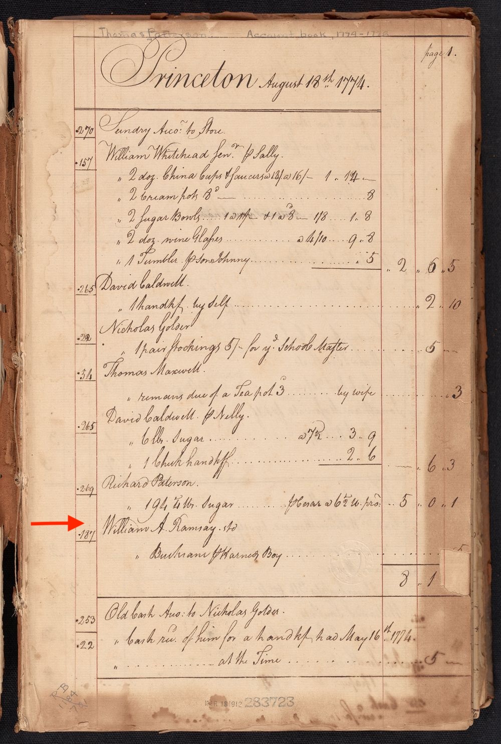 A page of a handwritten account book with red arrow pointed to entry 