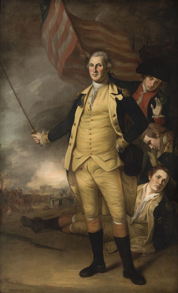A full-length painting of George Washington.