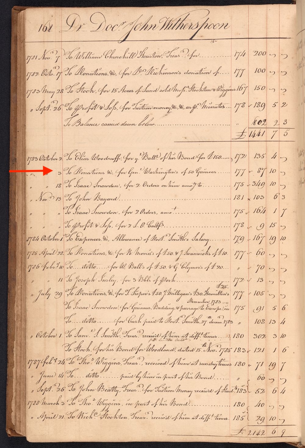 Handwritten college ledger with red arrow pointed to entry 