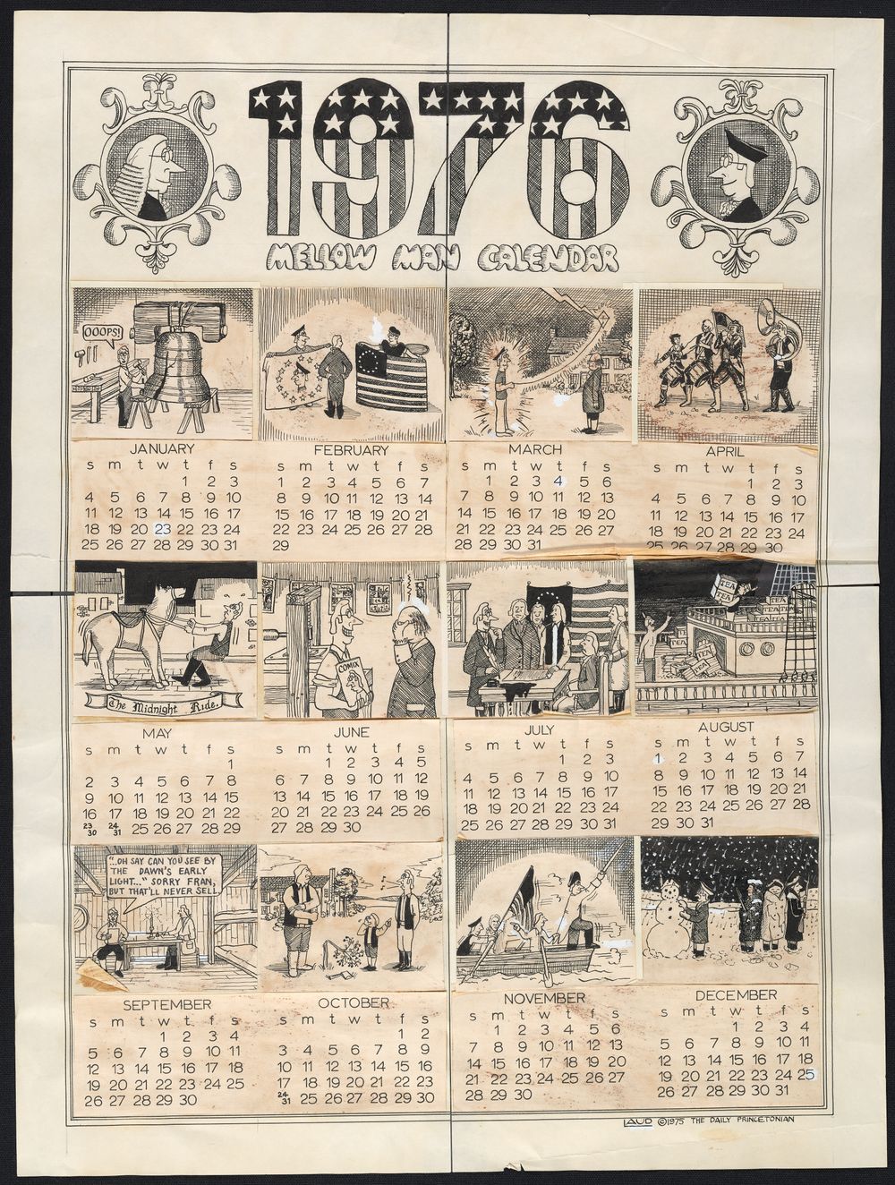 A black-and-white illustrated 1975 calendar, each month includes a cartoon illustration depicting humorous scenes with American patriotic themes