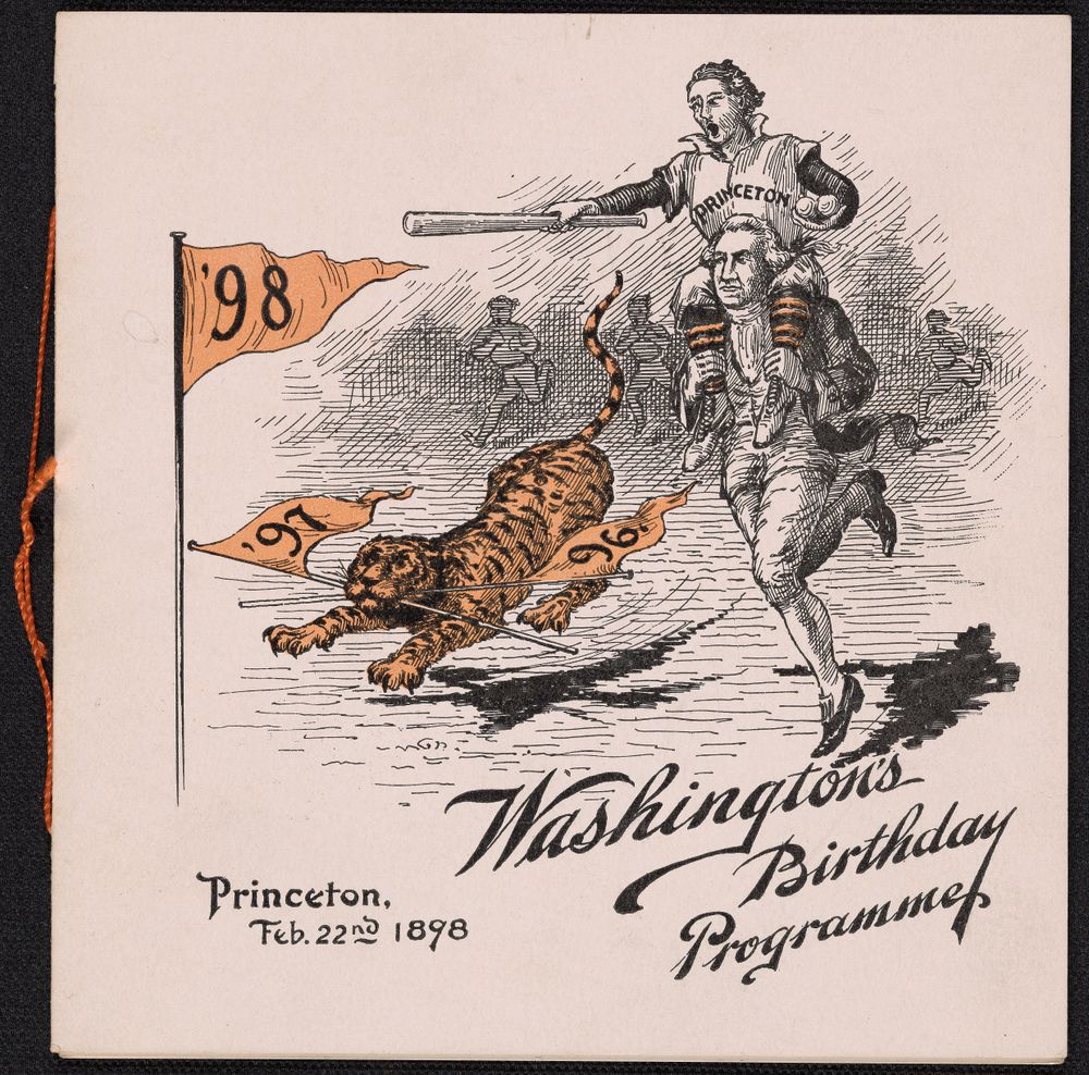colored decorative text with George Washington carrying a football player on his shoulders 