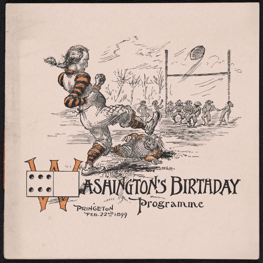 colored decorative text with George Washington kicking a football towards a goal post, players blocking on field