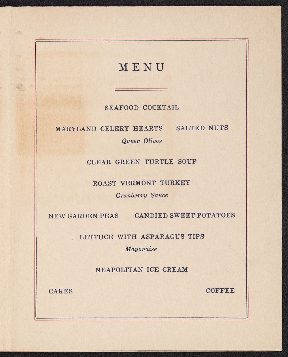 typed dinner menu
