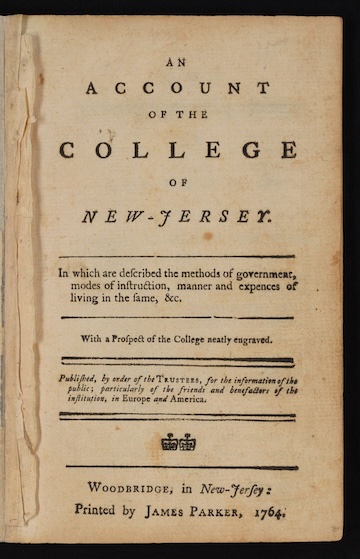 Title page of the book Account of the College of New Jersey, printed in 1764. 