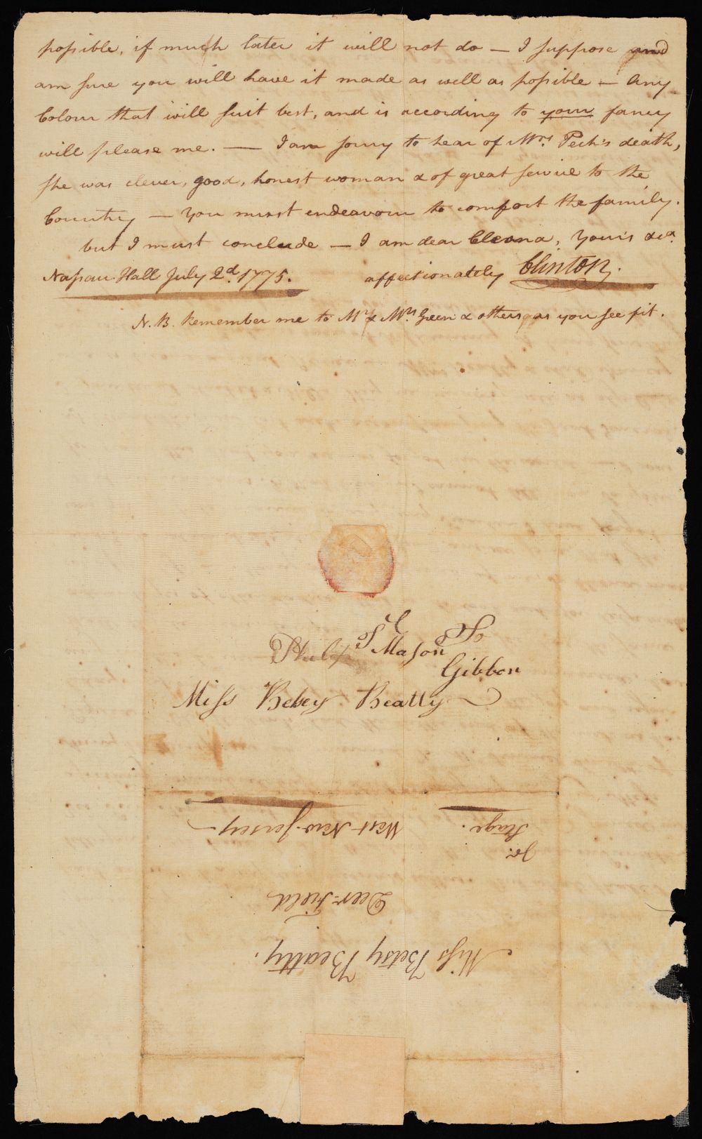 Two-page handwritten letter in brown ink on cream-colored paper with worn and torn edges. Addressed "Dear Cleona," the letter describes recent events in Princeton, including the marriage of Ann Witherspoon to Samuel Smith, the students' holiday and celebrations, family news, and plans for future visits. The correspondence offers a glimpse into the social life of the College of New Jersey community during the Revolutionary era.