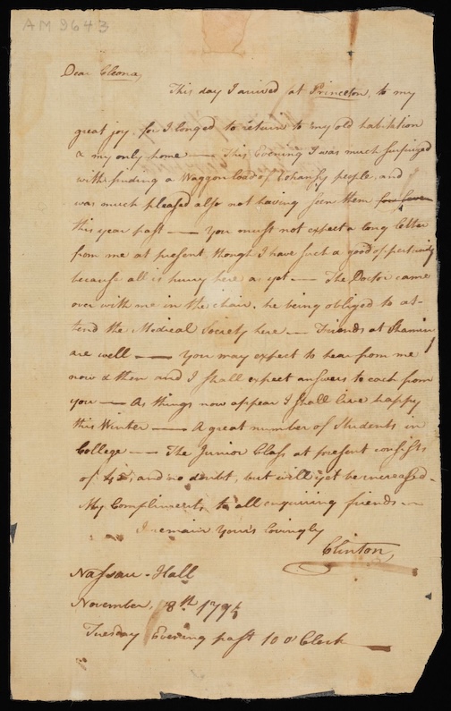 Handwritten 18th century letter written at Nassau Hall.