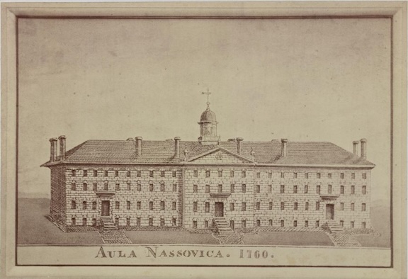 1760 printing of a drawing of Nassau Hall.