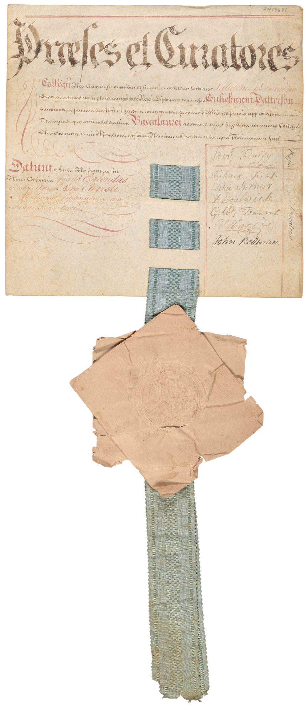 A handwritten 18th century diploma in the Latin language, with a blue ribbon attached and hanging down. The ribbon has the Princeton seal attached to it below the diploma. 