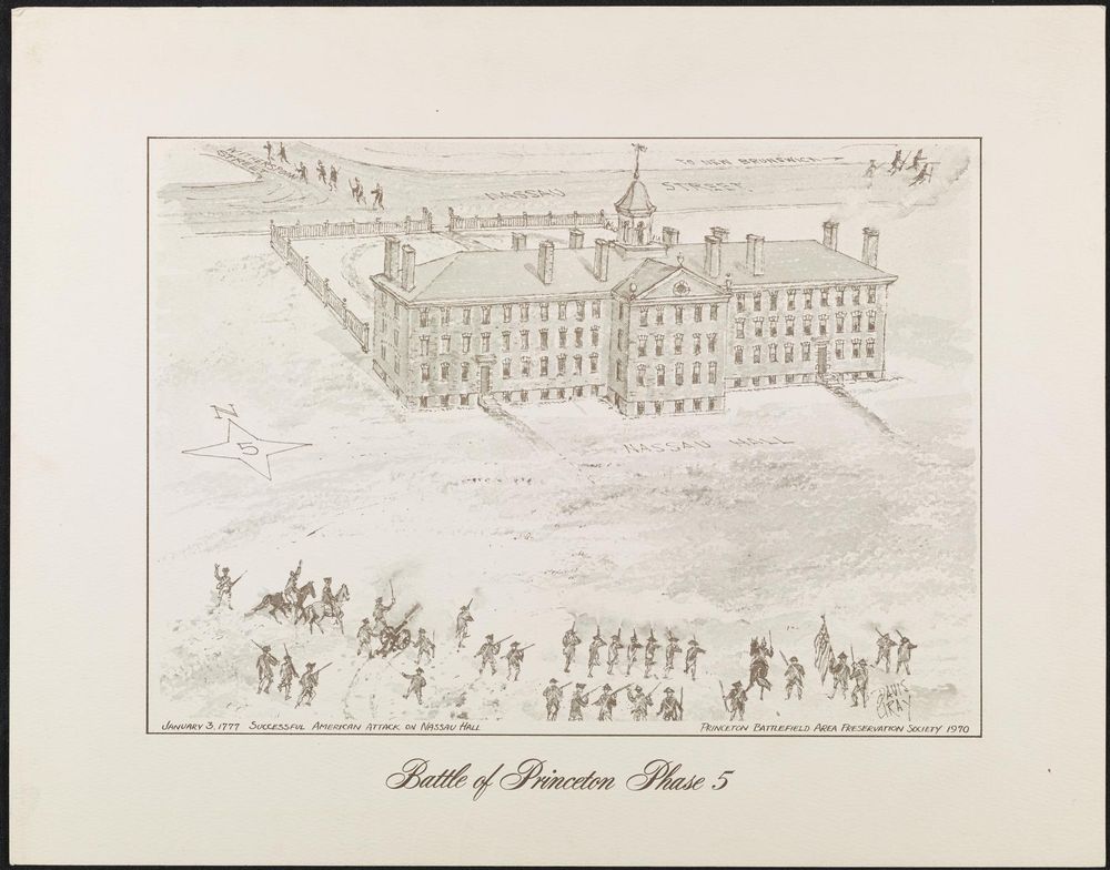 line drawing of Nassau Hall with British soldiers fleeing in the rear, American soldiers entering in the front 