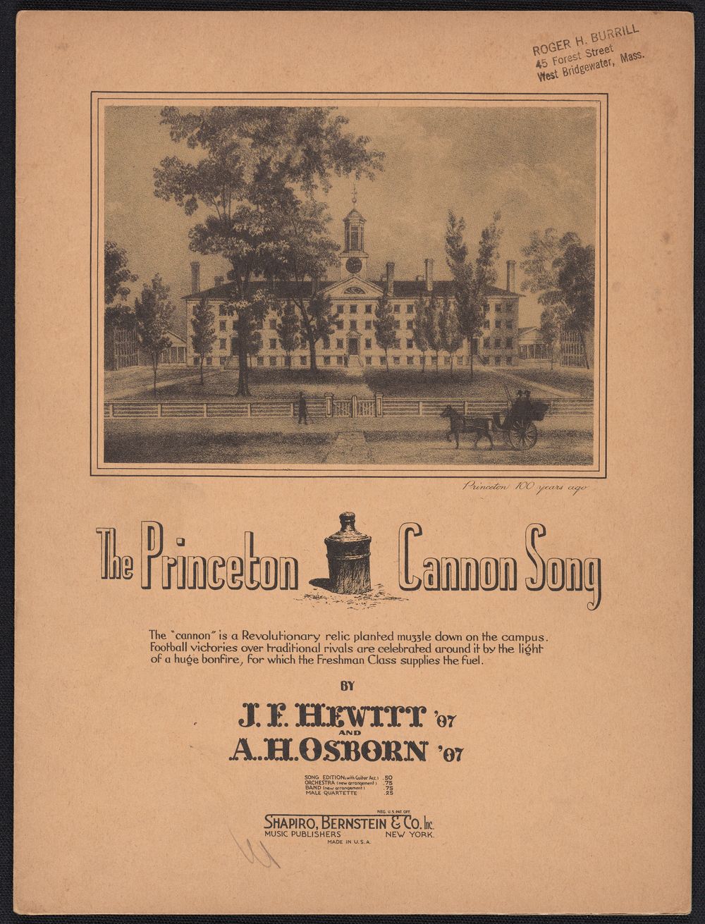 cover page of the Princeton Cannon Song shows 18th century image of Nassau Hall