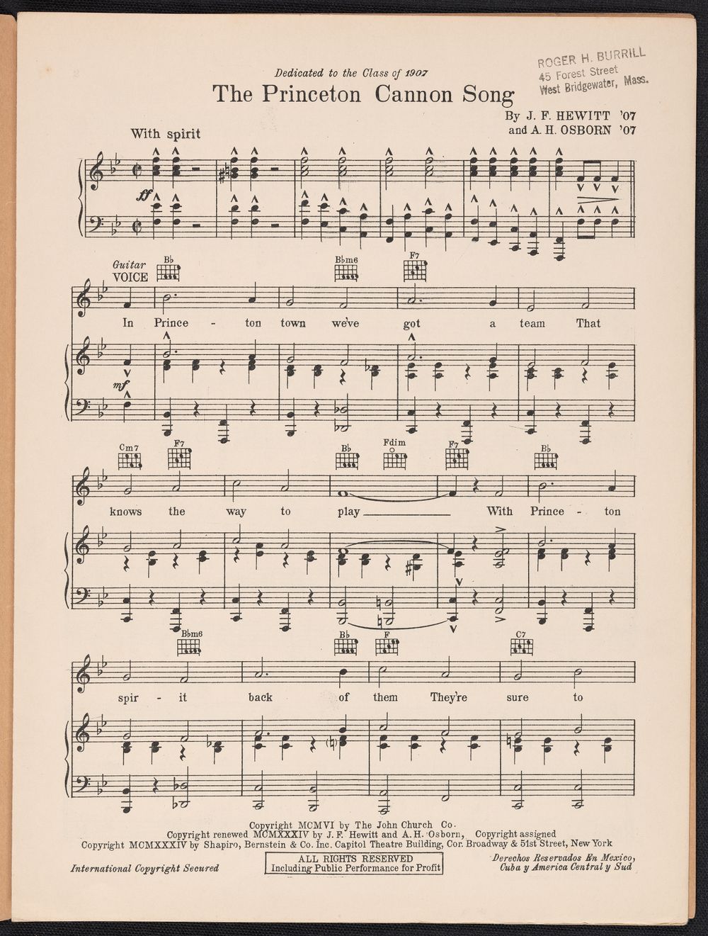 sheet music to the Princeton Cannon Song 