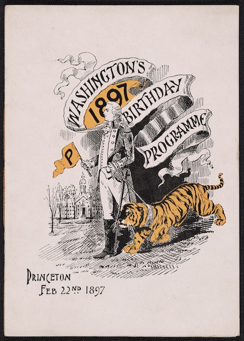colored decorative text with George Washington walking with a tiger 