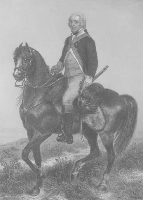 black and white image with 18th century man seated on horse 