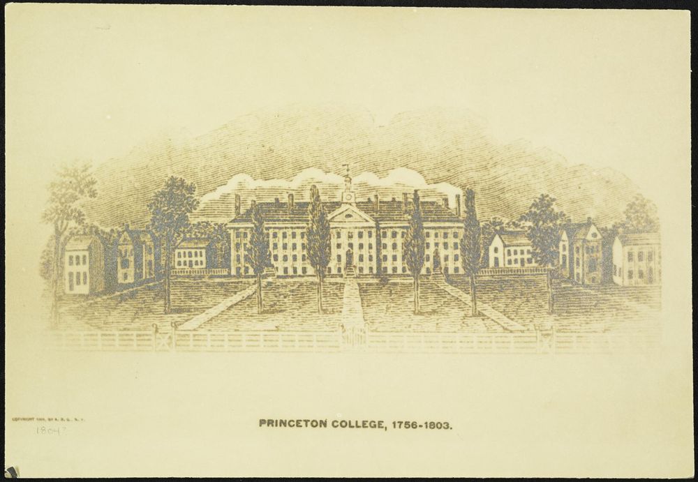 Black-and-white illustration of Princeton College between 1756 and 1803, showing Nassau Hall centered on a landscaped campus with smaller buildings on either side.