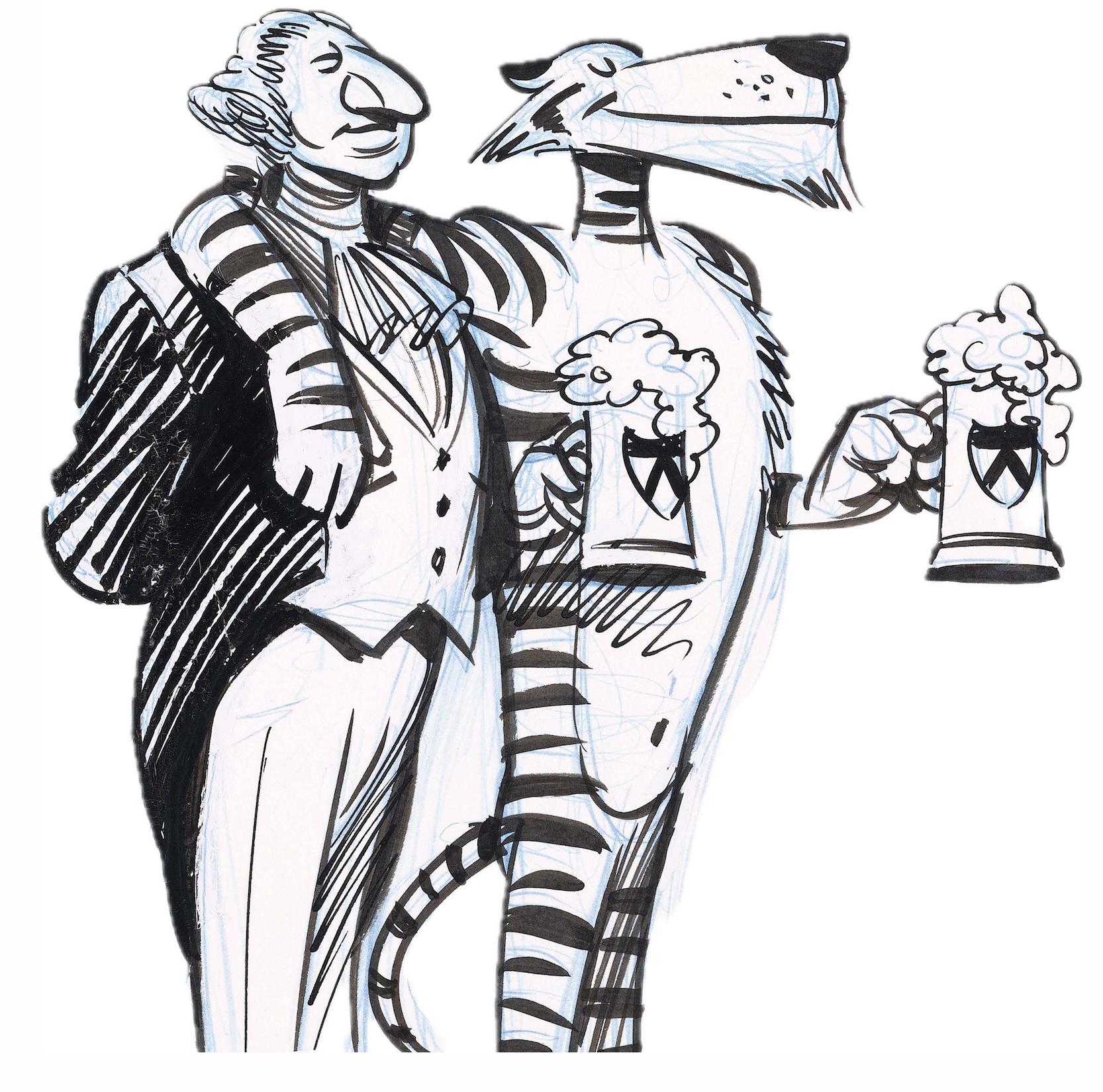 black and white image of George Washington with Princeton mascot, Tiger holding a beer stein 