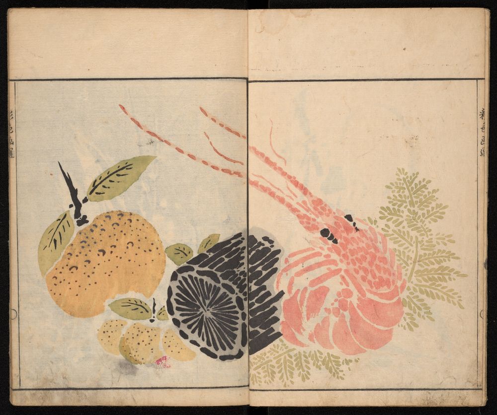Color woodblock printing of produce.
