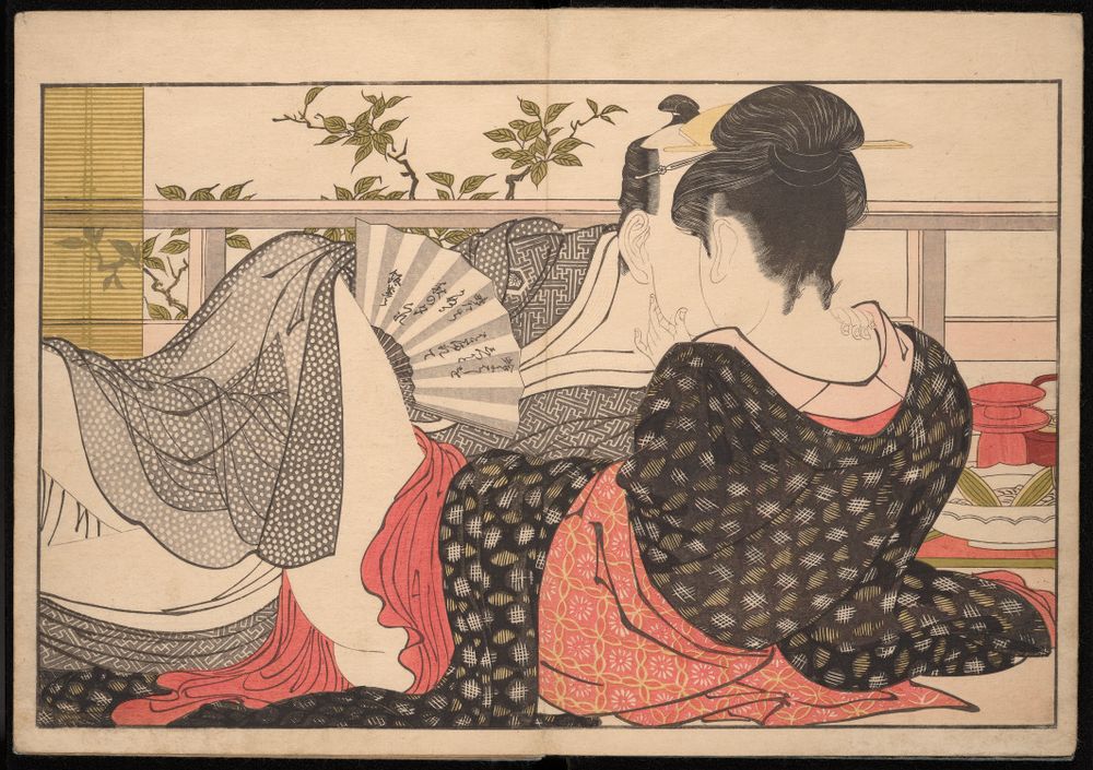 Beautiful colorful image of a courtesan and her client in a teahouse is particularly noteworthy for its unusual composition, allowing a full view of the woman’s sensual neck. 