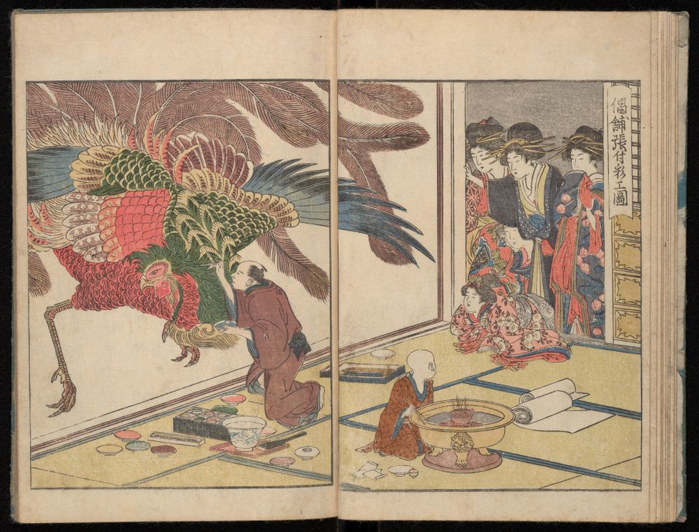 A frequent visitor to the pleasure quarters, many believe this colorful image of an artist painting the walls of a brothel to be Utamaro’s self-portrait.