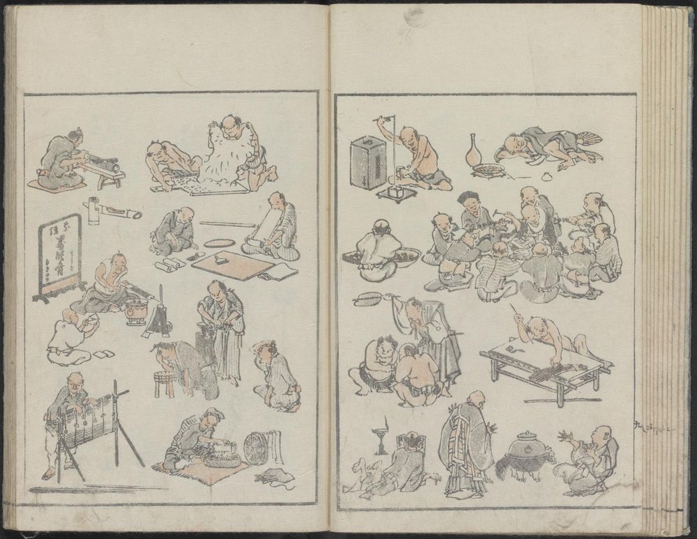 Multiple drawings that include a variety of people performing an array of activities, deities, animals, birds, bugs, ghosts, flowers, and landscapes. 