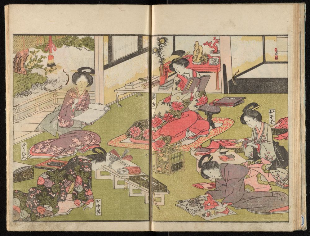 Depiction of women of the high-ranking samurai class pursuing polite activities.