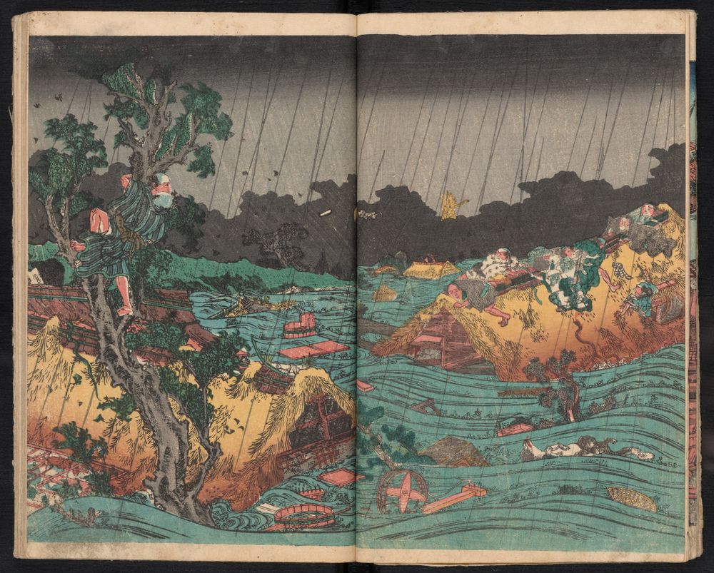Brightly colored harrowing portrayal of a disastrous event that occurred during the first two years of the Ansei period (1854-1860)