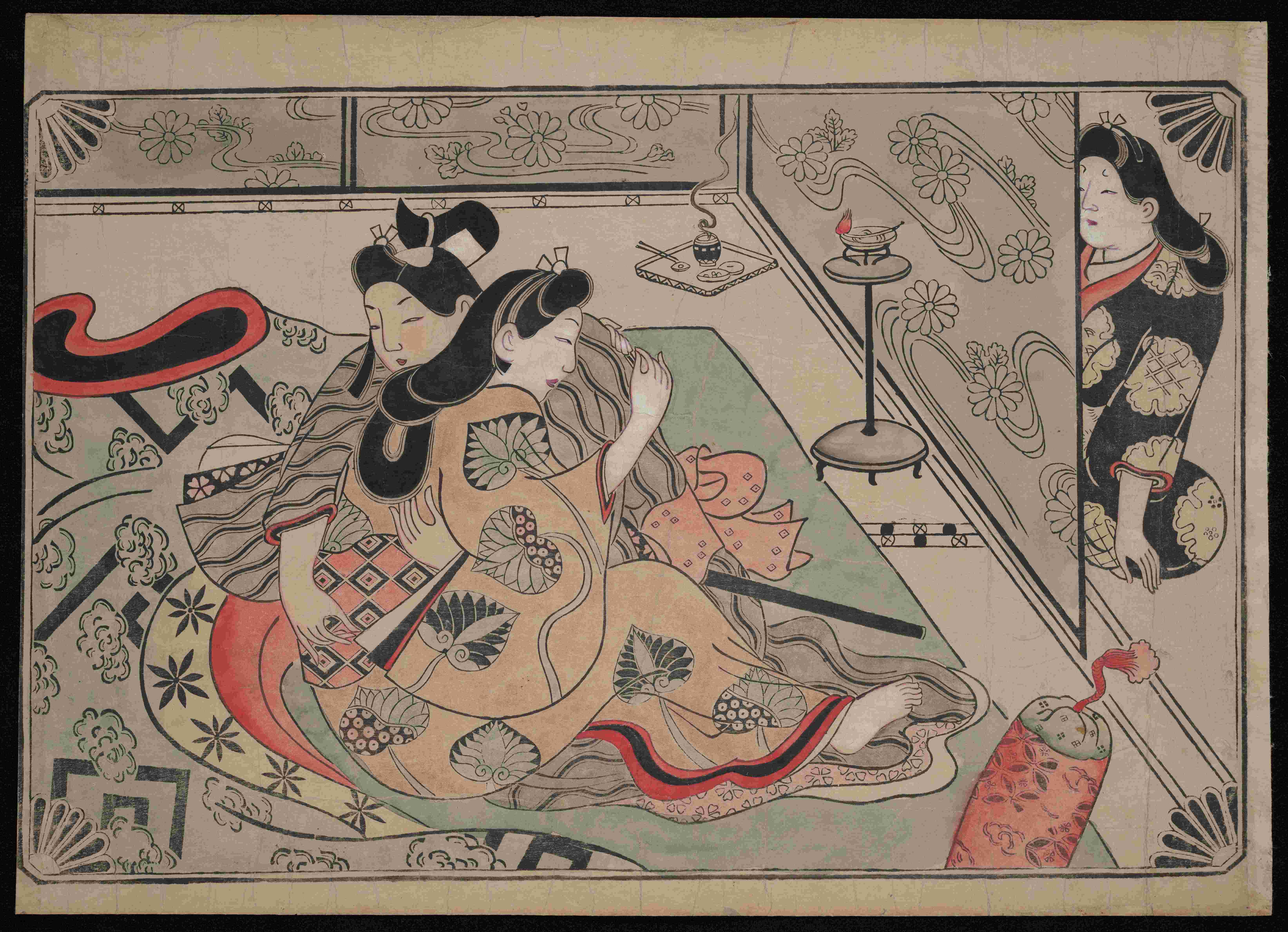 Hand-colored print with the name Sugimura worked into the design of the obi sash worn by a reclining courtesan.