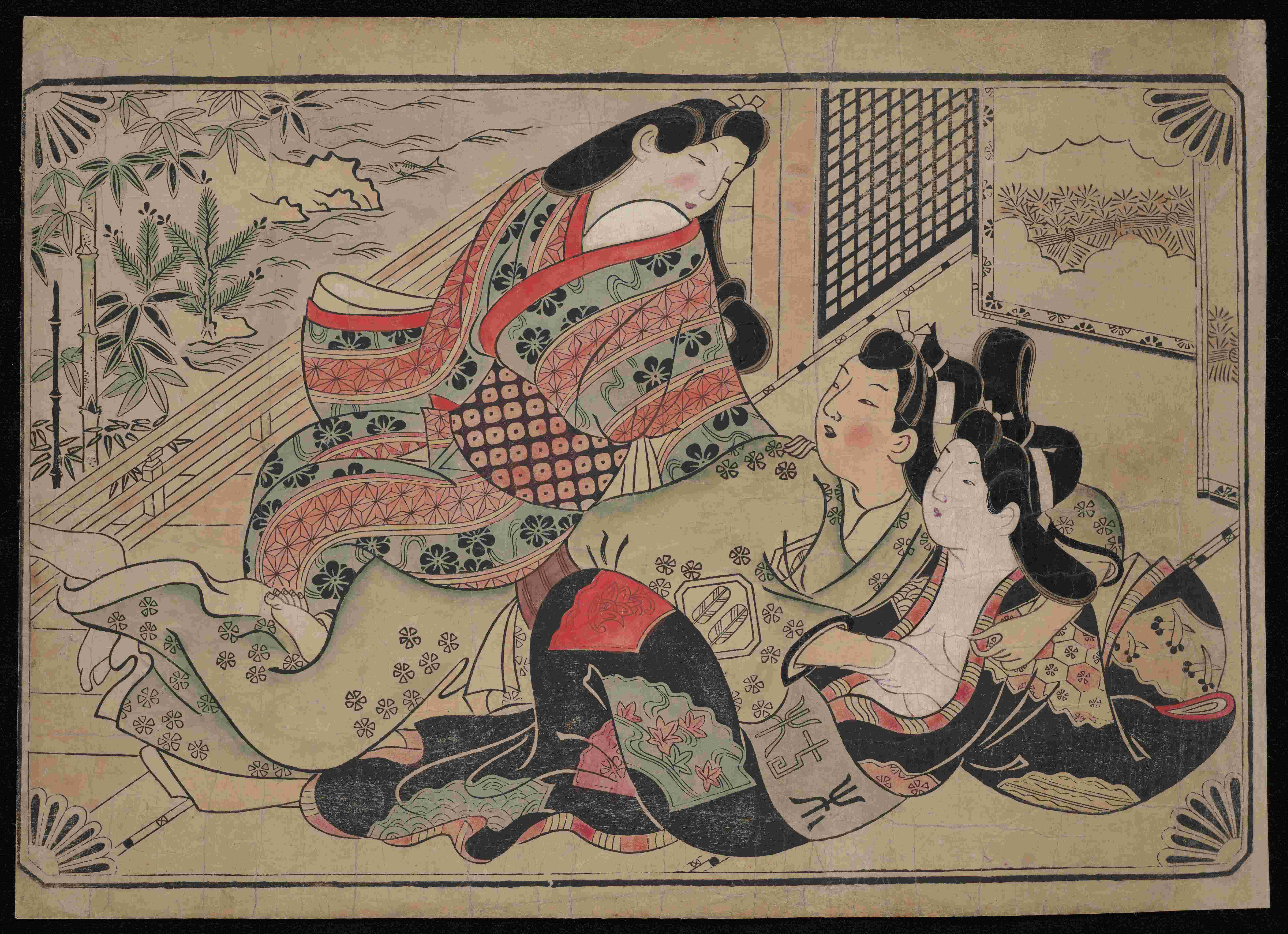 Hand-colored print of an embrace between a courtesan and her samurai lover, observed by her yarite.