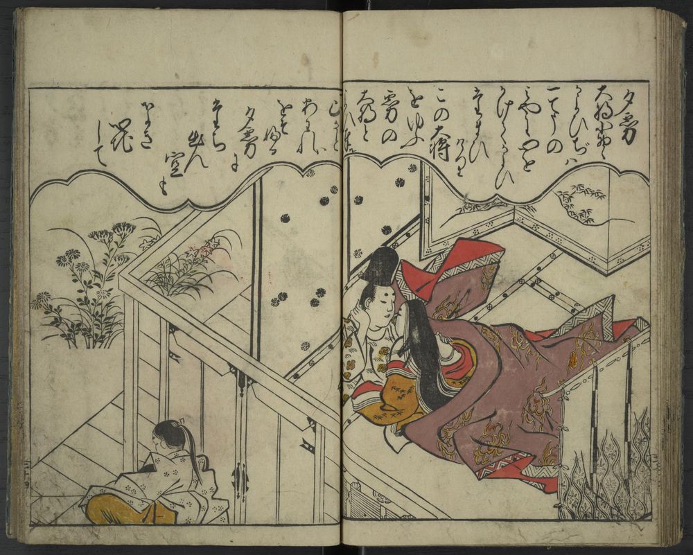 2 page spread color Illustration of Yūgiri, who visits his friend’s widow on a misty evening and pledges his love. 