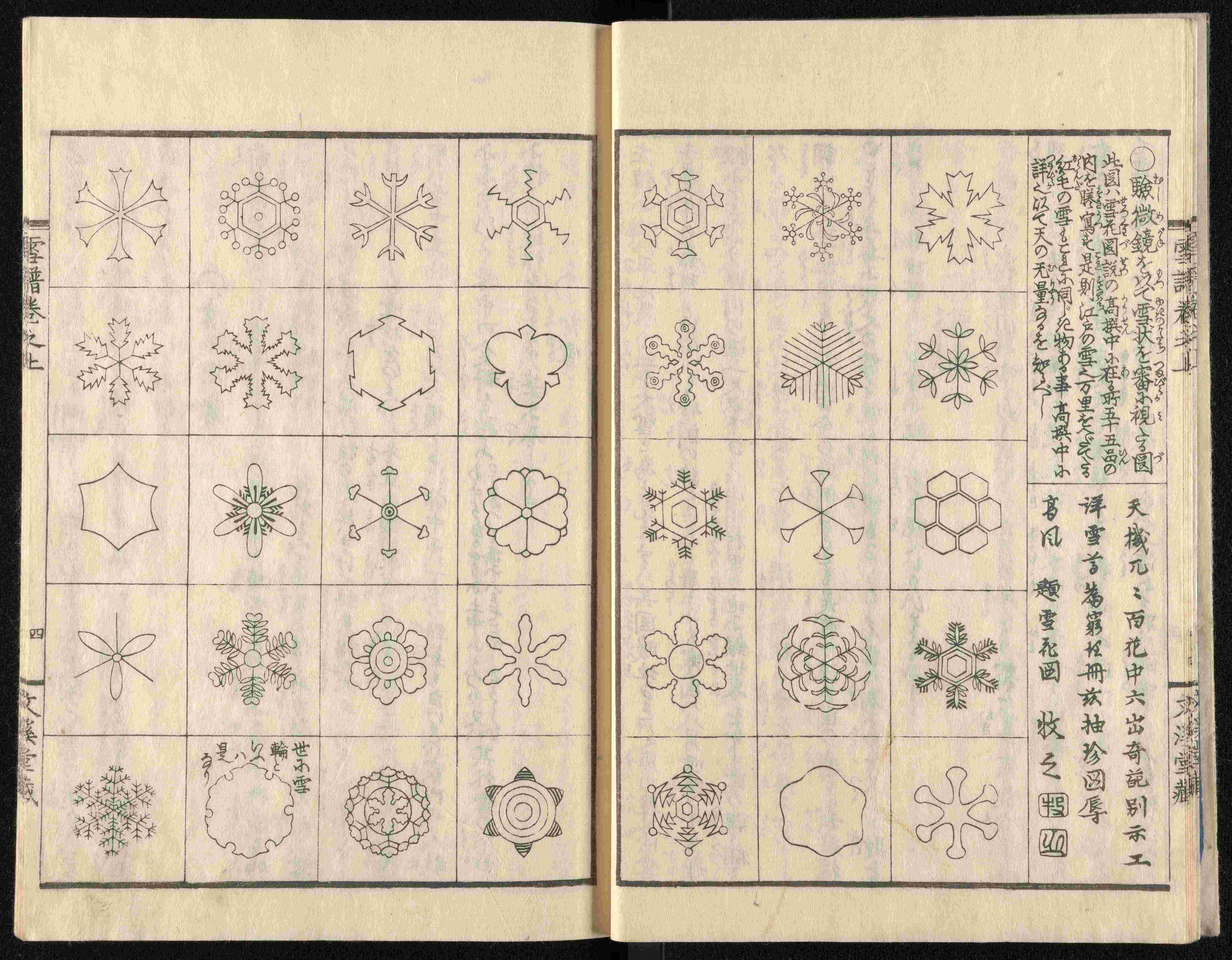 Illustrations of “snow flowers”—scientific drawings of snowflakes copied from an earlier but largely unknown book by Lord Doi Toshitsura (1789-1848).