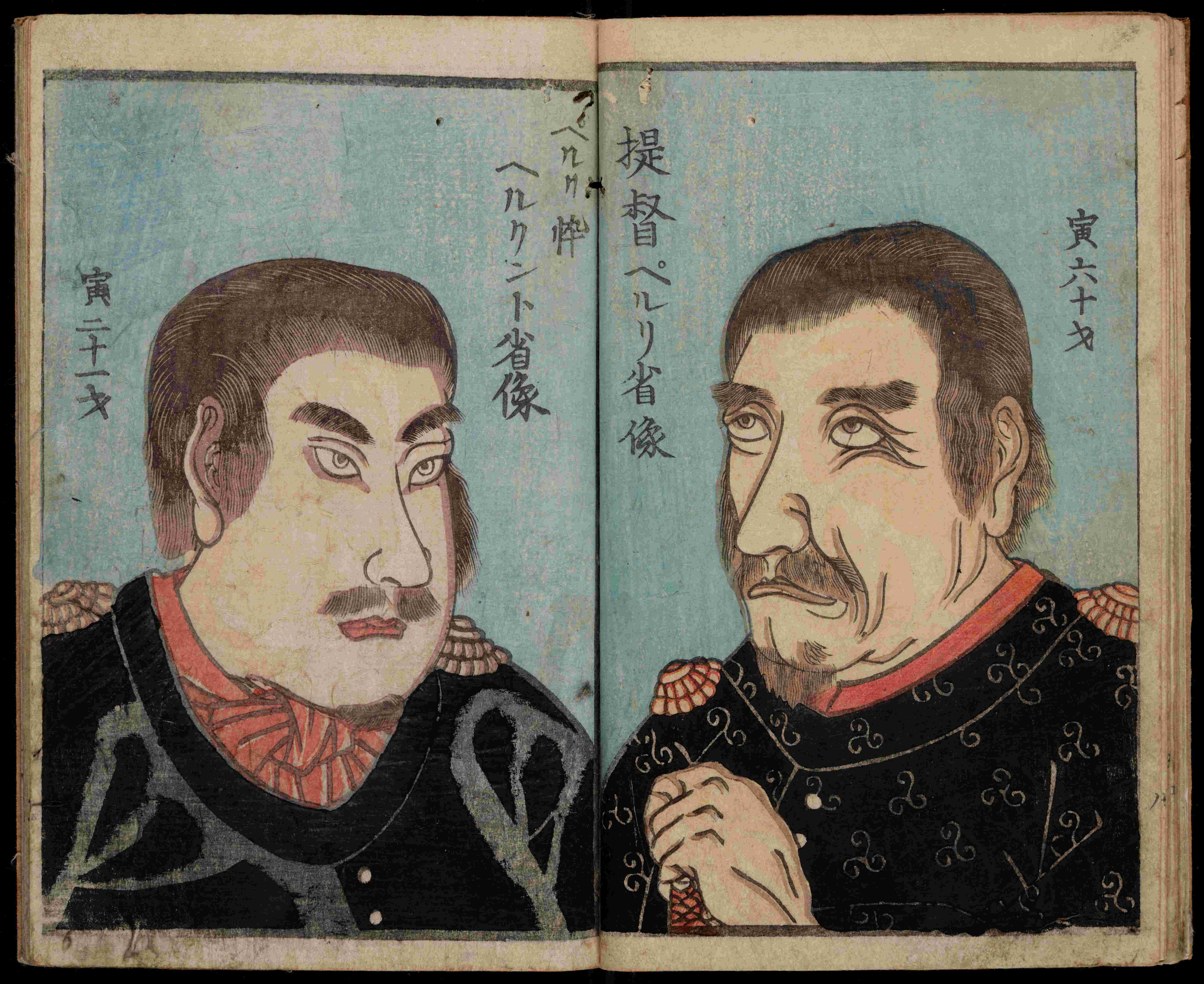 two-page spread featuring two three-quarter length portraits