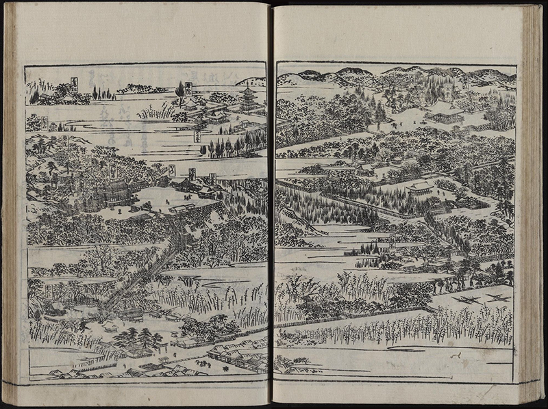 Illustration from a guidebook to notable places along the Tōkaidō Road. In it, each detailed illustration is accompanied by historical, mythological, and commercial information, along with quotations from diaries and literature.