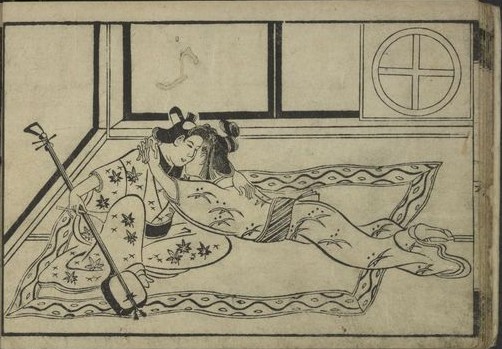 Woodblock print of two lovers from Yoshiwara makura-e [Yoshiwara Pillow Pictures], page 8.