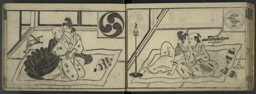 On the right, a courtesan and a samurai kiss. On the left, a monk embraces a courtesan.