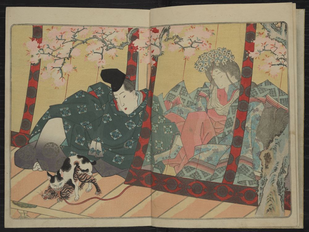 Vibrant woodblock printing from Volume 1, page 4 of the “three Genji” depicting two figures and a cat. Printed in rich, expensive color on thick luxurious paper, the images have been enhanced with embossing, burnishing (shomenzuri 正面摺), metallic pigments, gold leaf, mica, and crushed mother-of-pearl. Also striking is Kunisada’s use of the synthetic, deeply saturated Prussian blue (berorin). The lavish printing suggests private sponsorship for an elite audience.