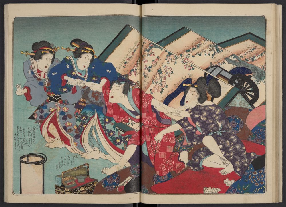 Vibrant woodblock printing of the “three Genji” depicting four figures. Printed in rich, expensive color on thick luxurious paper, the images have been enhanced with embossing, burnishing (shomenzuri 正面摺), metallic pigments, gold leaf, mica, and crushed mother-of-pearl. Also striking is Kunisada’s use of the synthetic, deeply saturated Prussian blue (berorin). The lavish printing suggests private sponsorship for an elite audience.