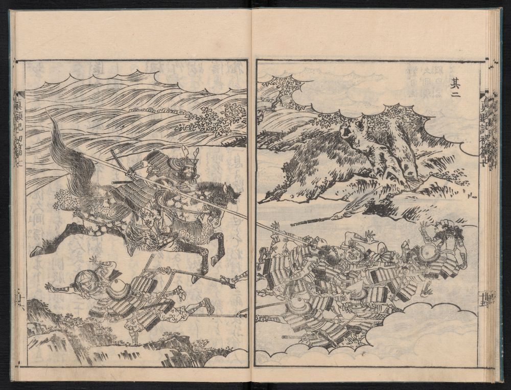 black lineart printing over a two page spread of a battle scene.